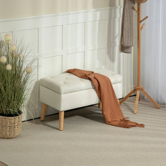 Velvet Storage Ottoman with Lid, Wood Legs, Cream White Storage Ottomans & Benches Cream at Gallery Canada