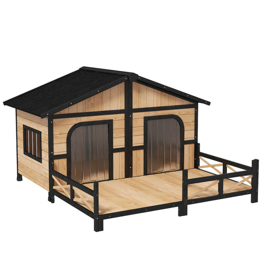 59"x64"x39" Wood Dog House Outdoor Cabin-Style Elevated Pet Shelter with Porch Deck, Beige - Gallery Canada