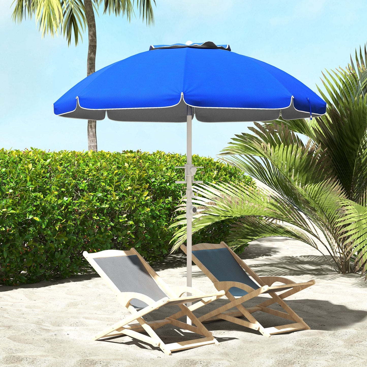 5.7' Beach Umbrella for Travel with Tilt, Adjustable Height, 2 Cup Holders, Hook, Vent, Ruffles, Sapphire Blue at Gallery Canada