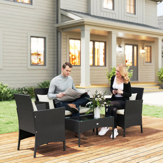 4-Piece Rattan Patio Set, Coffee Table, 22.8" W x 21.7" D x 33.5" H, Black Cream Patio Furniture Sets Black Rattan, Cream Cushions at Gallery Canada
