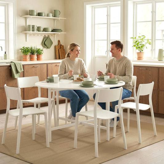 47" Round Drop Leaf Dining Table, Steel Frame, For 3-6 People, White Dining Tables White at Gallery Canada