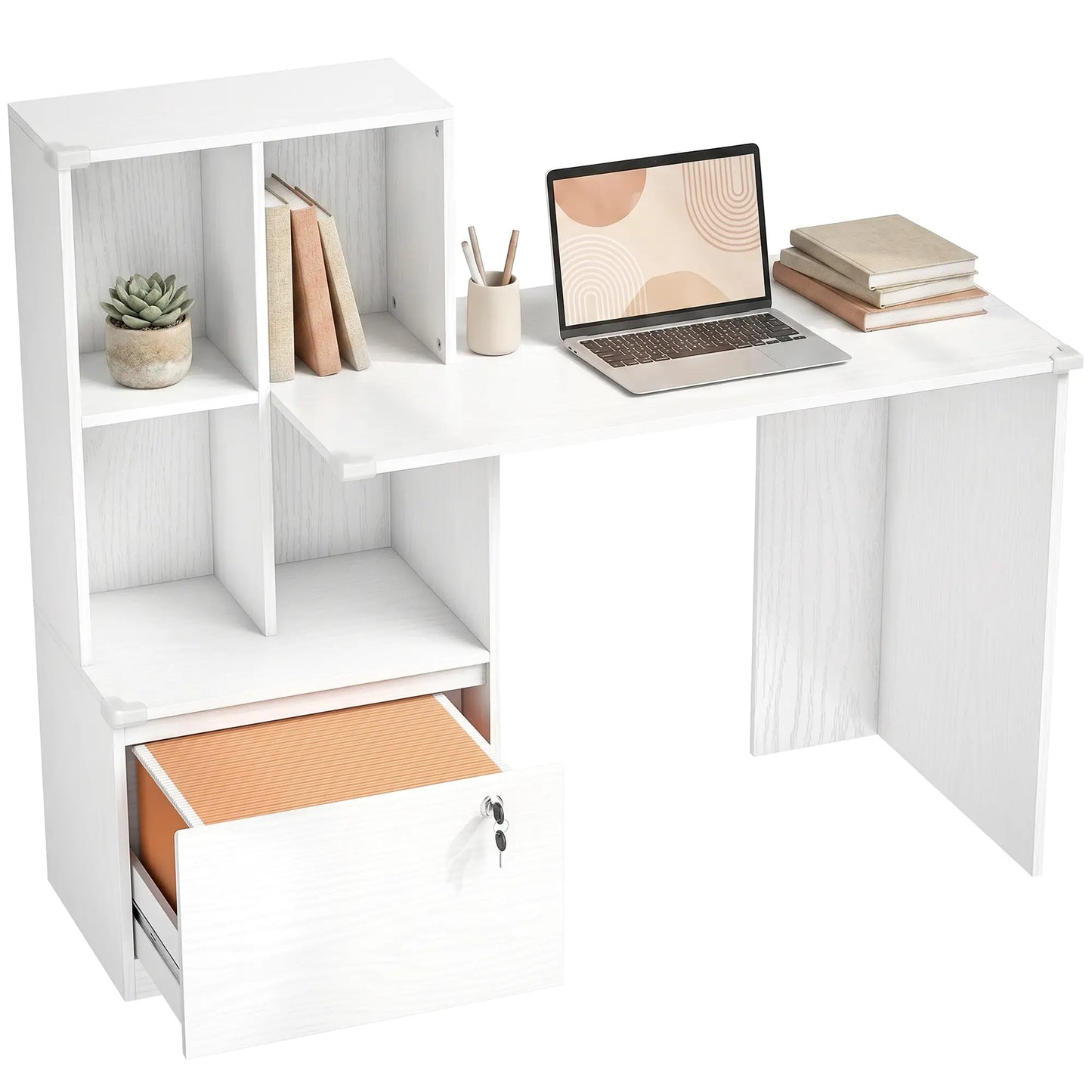 Computer Desk With Bookshelf And File Drawer, White Wood Grain, white Computer Desks at Gallery Canada