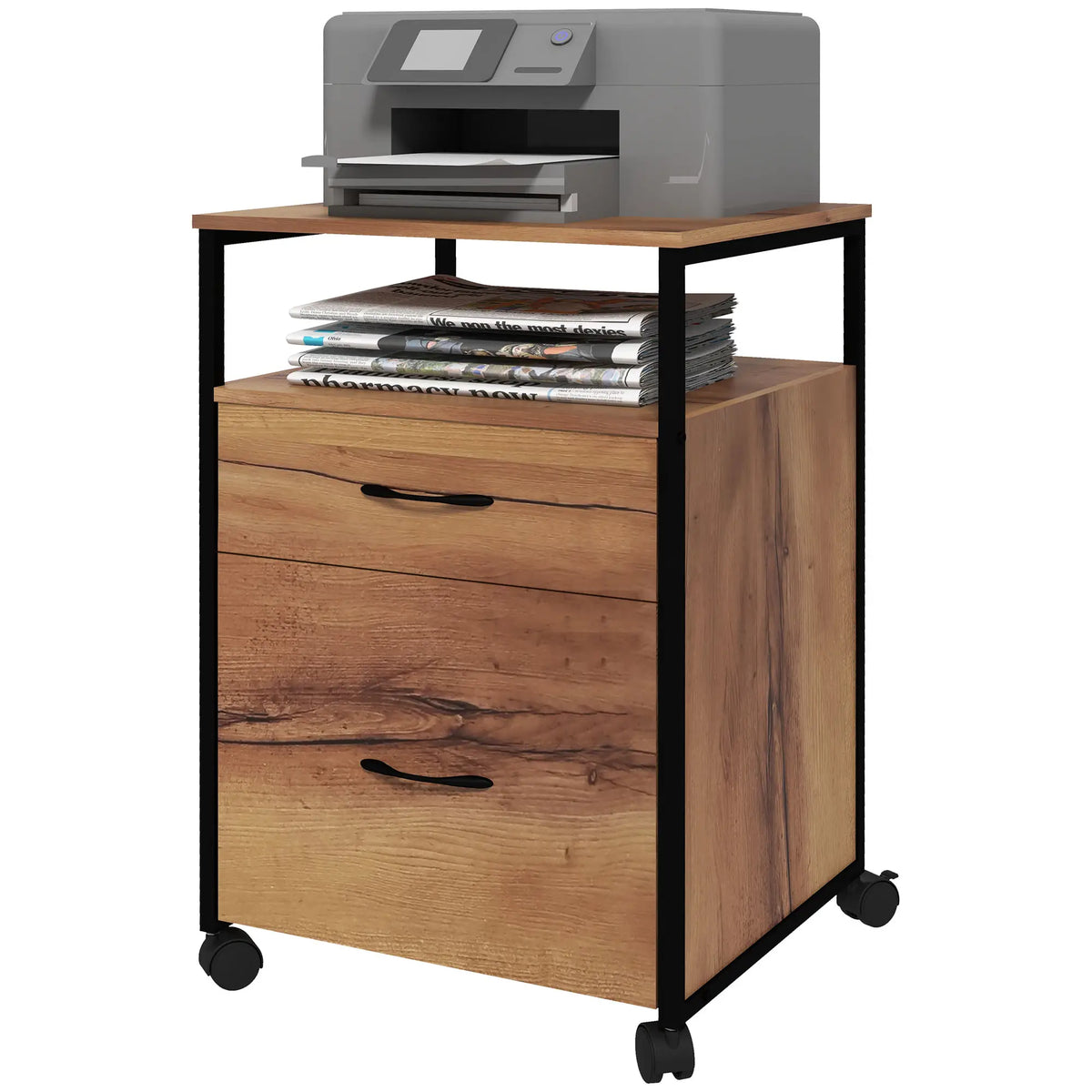 Vertical Filing Cabinet with Wheels, 26.2", 2 Drawers, Open Shelf, Rustic Brown Office Cabinets & Cupboards at Gallery Canada