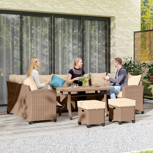 6-Piece Patio Furniture Set, Outdoor Wicker Sofa, All-Weather PE Rattan, Khaki Patio Furniture Sets Mixed Brown Rattan, Khaki Cushion, Blue Pillow at Gallery Canada