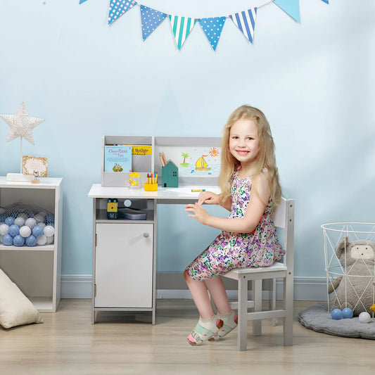 Kids Desk and Chair Set, 2Pcs, with Whiteboard, Storage, Grey Kids Desk Sets Grey, White at Gallery Canada