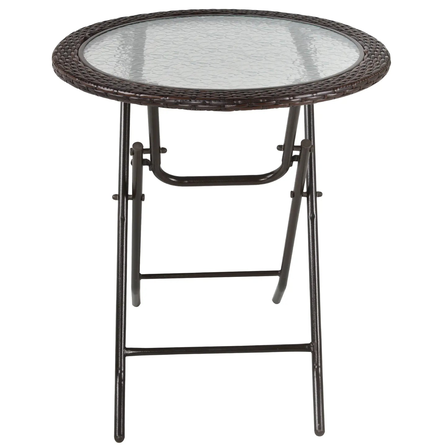 26.8" Folding Round Tempered Glass Table, Brown Rattan Edging, Brown Patio Side Tables at Gallery Canada