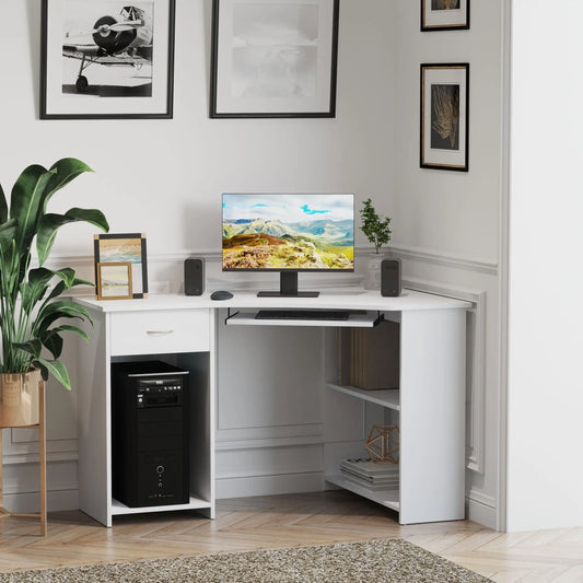 L-Shaped Desk With Keyboard Tray, Shelves, Drawer, CPU Stand, White Computer Desks White at Gallery Canada