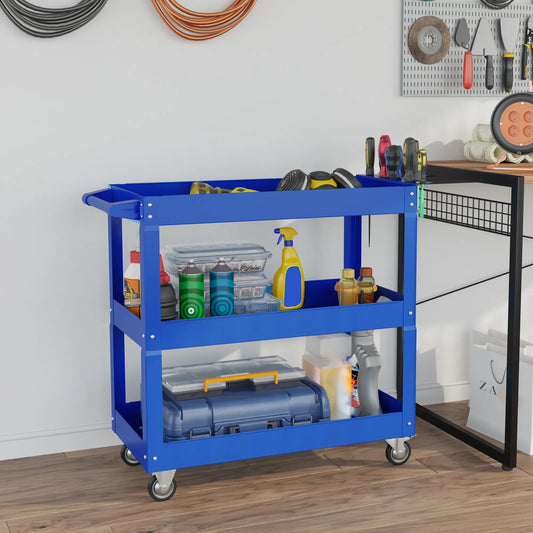 Chariot d'outils roulant 3 niveaux, chariot utilitaire robuste 150 kg, bleu