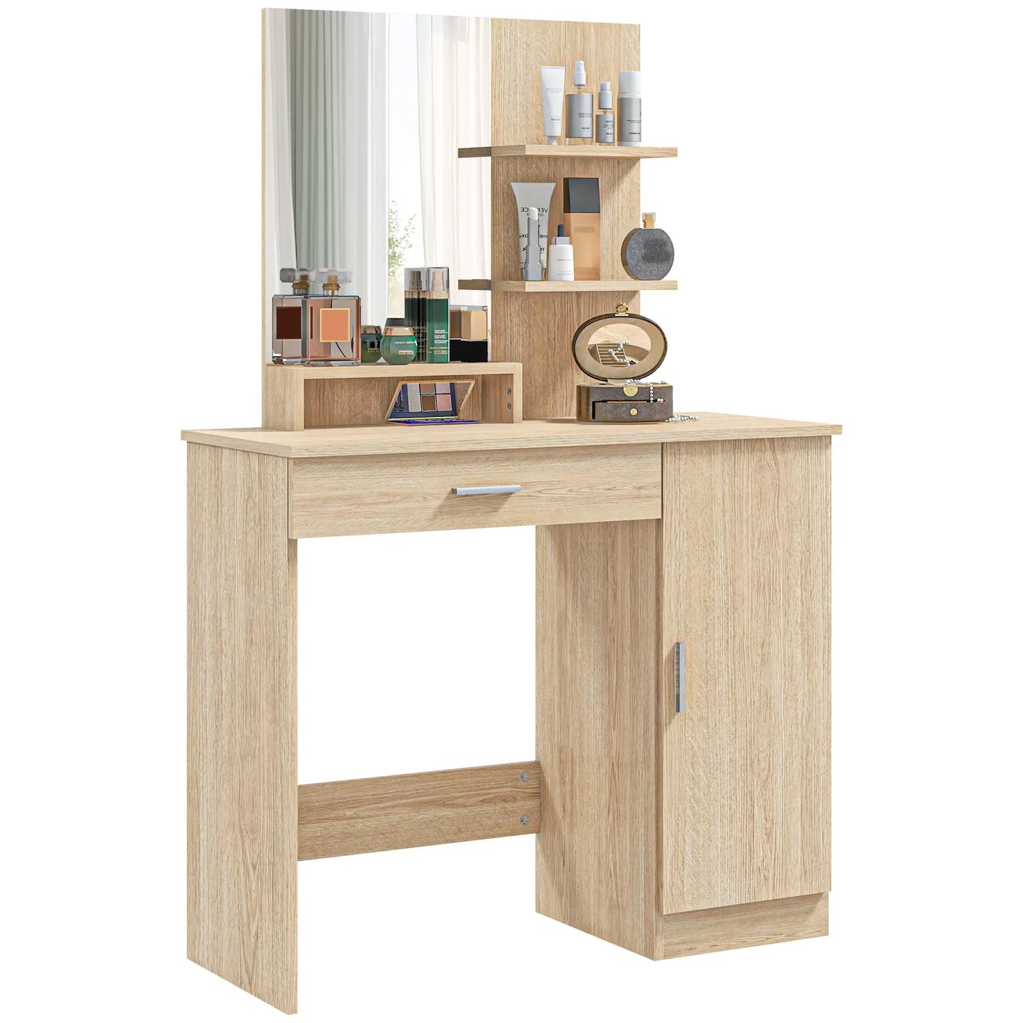 Vanity Table with Mirror, Drawer, Storage Shelves, 35.4 x 15 x 54.3 Inches, Natural Wood Dressing & Vanity Tables at Gallery Canada