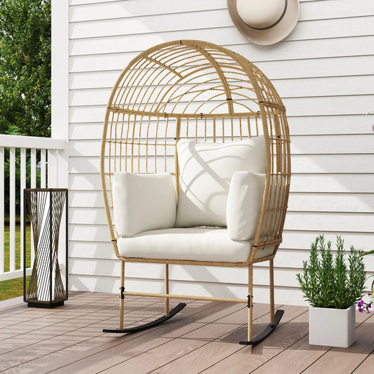 Oversized Rocking Chair, Indoor Outdoor Egg Chair, Thickened Cushions, Wicker Patio Lounger, Beige Outdoor Rocking Chairs Yellow, Beige, Black at Gallery Canada