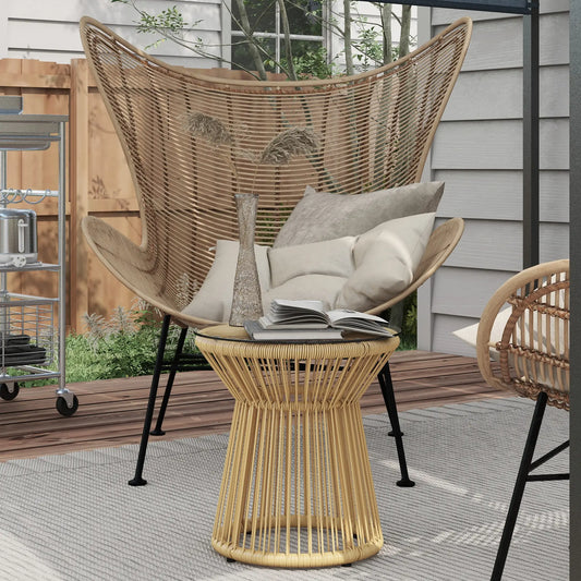 Round Rattan Side Table, Hollow Drum Design, Glass Top, Beige Patio Side Tables Beige at Gallery Canada