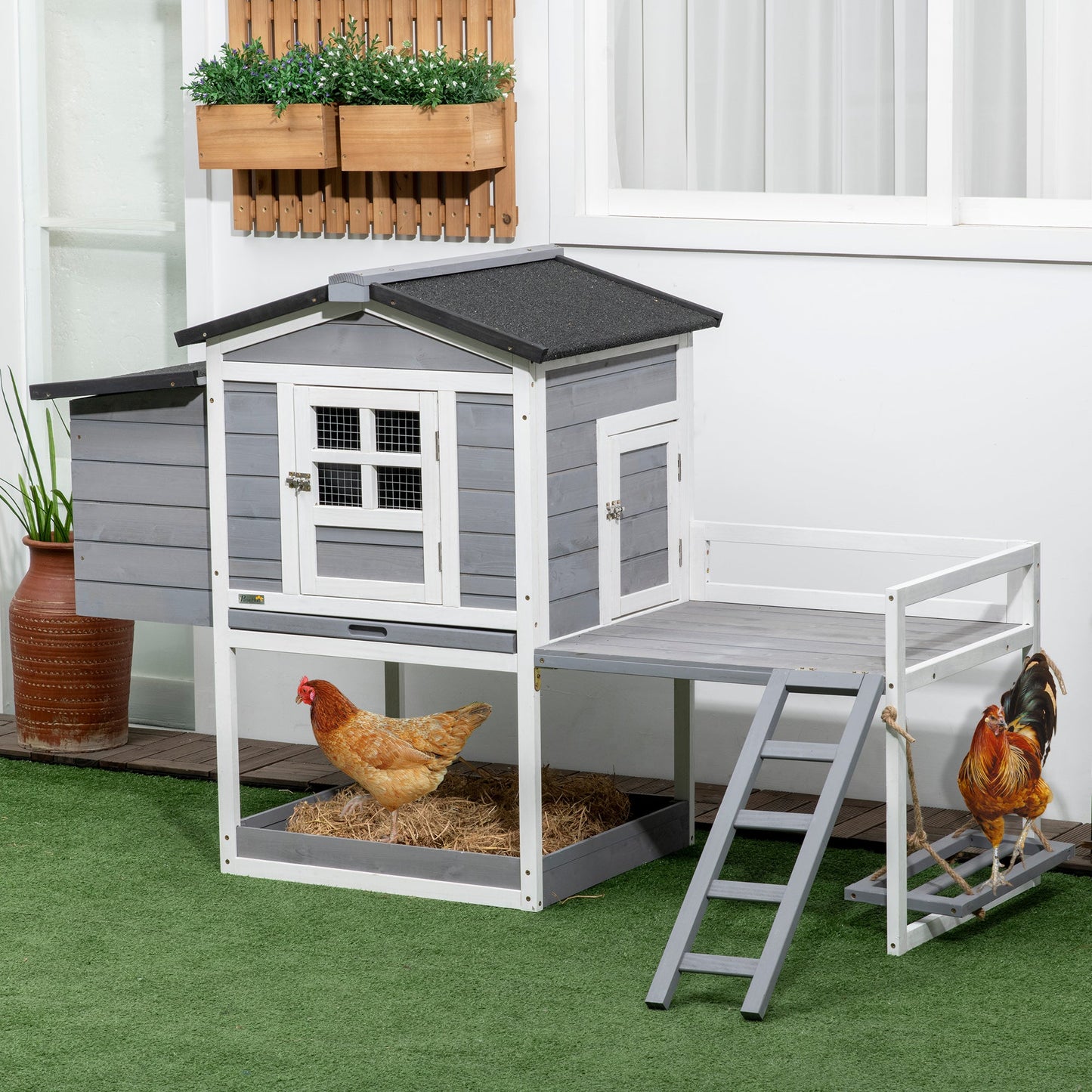 65" Chicken Coop with Swing Toy, Wooden Hen House with Nesting Box, 2 Rooms, Removable Tray, Asphalt Roof, Ramp, Outdoor Poultry Cage at Gallery Canada