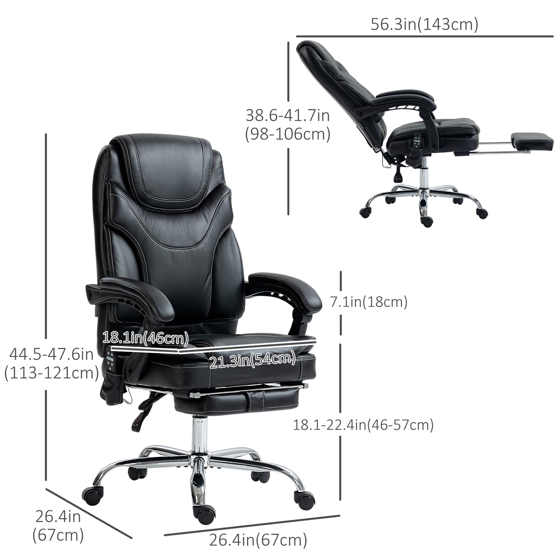 6 Point Vibration Massage Office Chair, PU Leather Heated Reclining Computer Chair with Footrest, Black at Gallery Canada