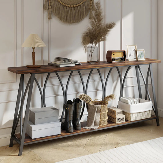 71" Console Table, Industrial 2-Tier Narrow Entryway Table, Rustic Brown, Brown Console Tables Rustic Brown, Black at Gallery Canada