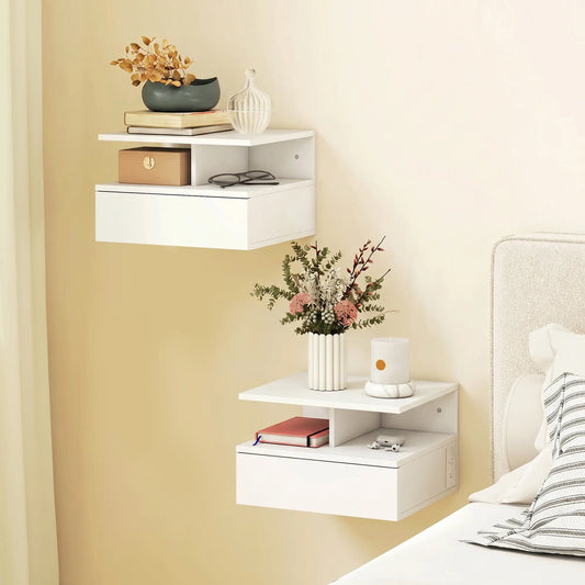 Floating Nightstand Set of 2, Wall Mounted Bedside Table with with Power Outlets, Drawer and Shelf, White Bedside Tables White at Gallery Canada