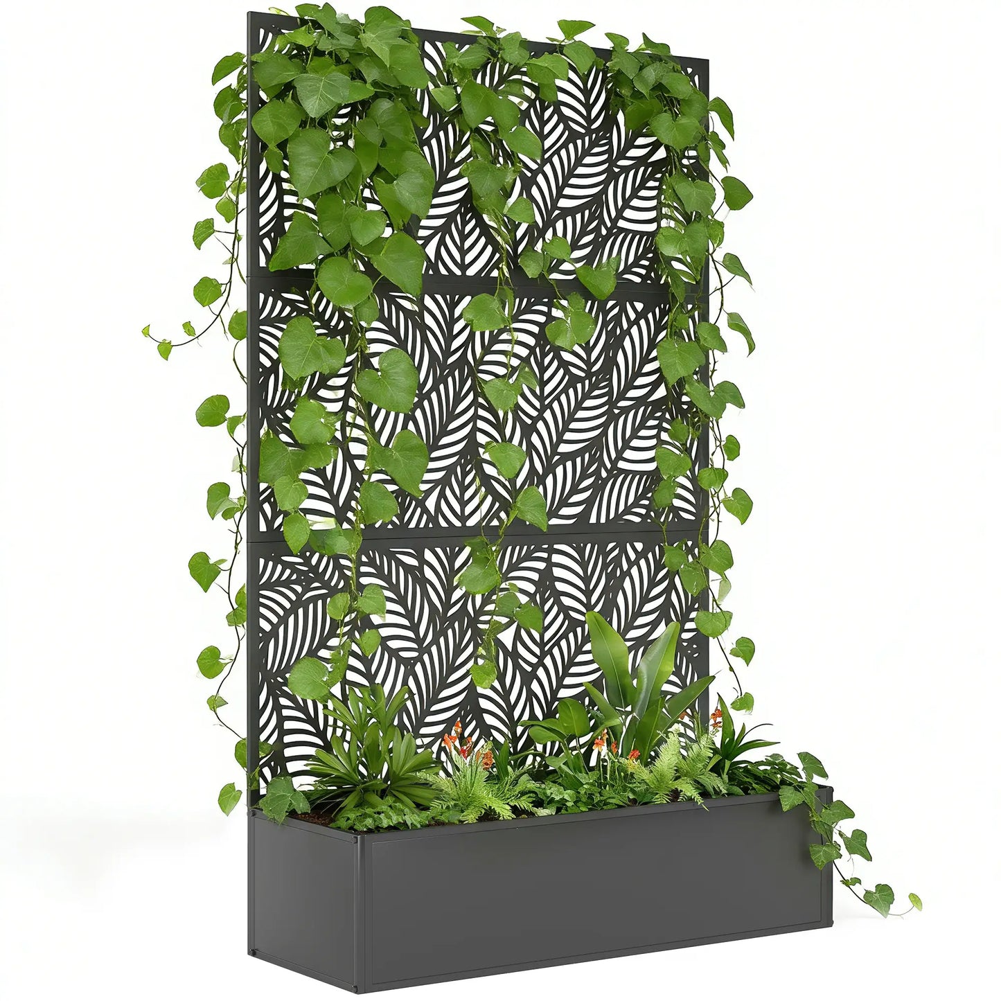70" Metal Planter Box With Trellis, Raised Garden Bed, Leaves Cut-Out Galvanized Planter Boxes at Gallery Canada