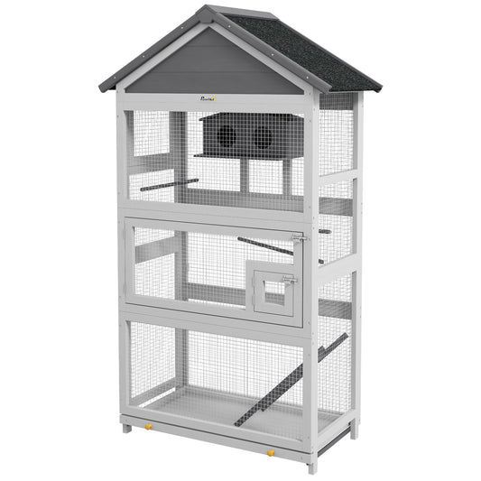 Wooden Bird Cage with Perches, Bird House, Ladder, Slide-Out Tray for Finches, Parakeets, Small Birds, Grey at Gallery Canada