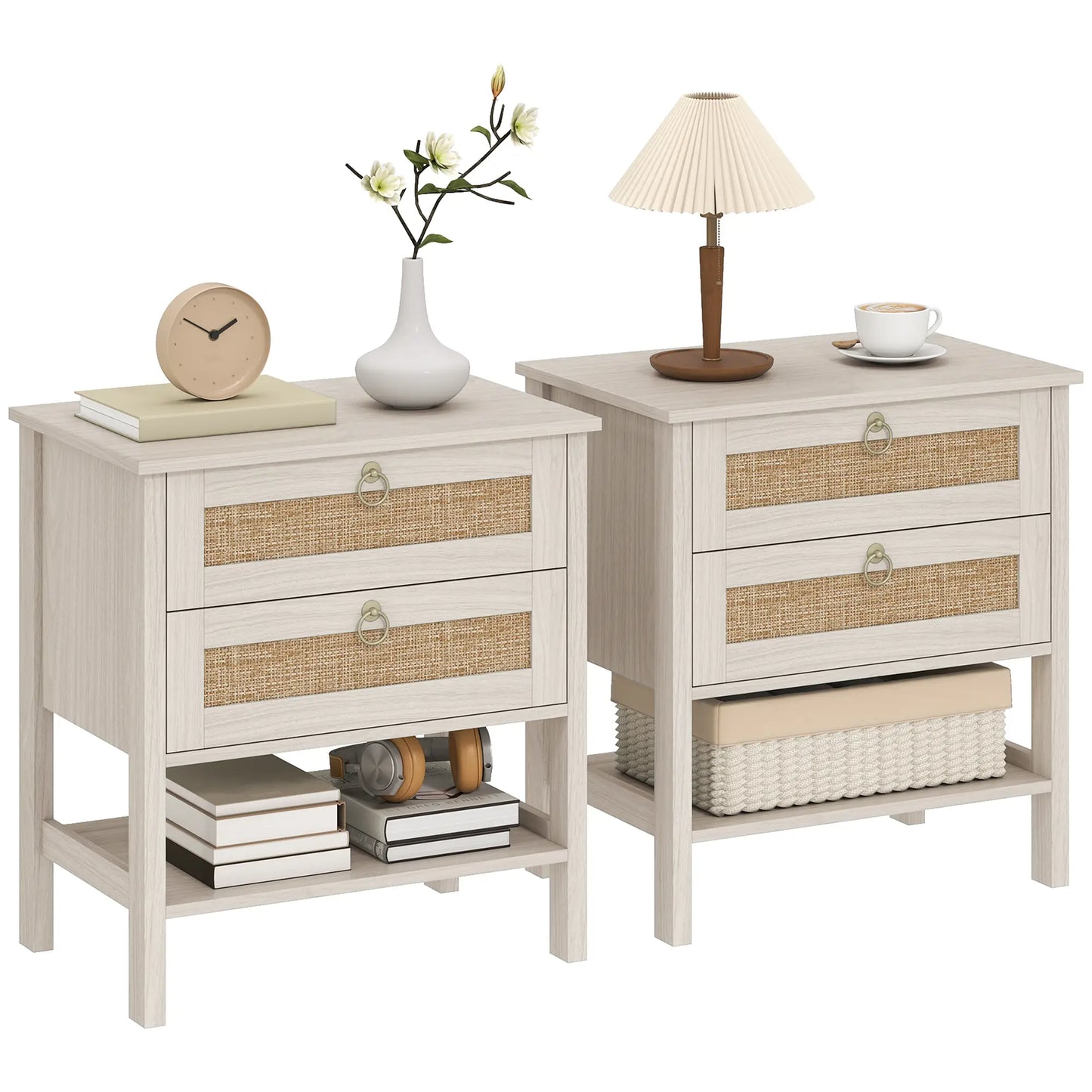 Set Of 2 Rattan Nightstands, 2 Drawers, Storage Shelf, White Oak Bedside Tables at Gallery Canada