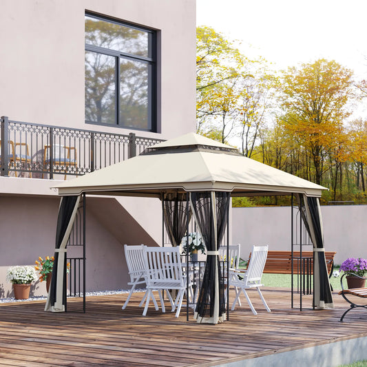 Gazebo à toit souple 10'x10', toit à double étage, rideaux en maille, beige
