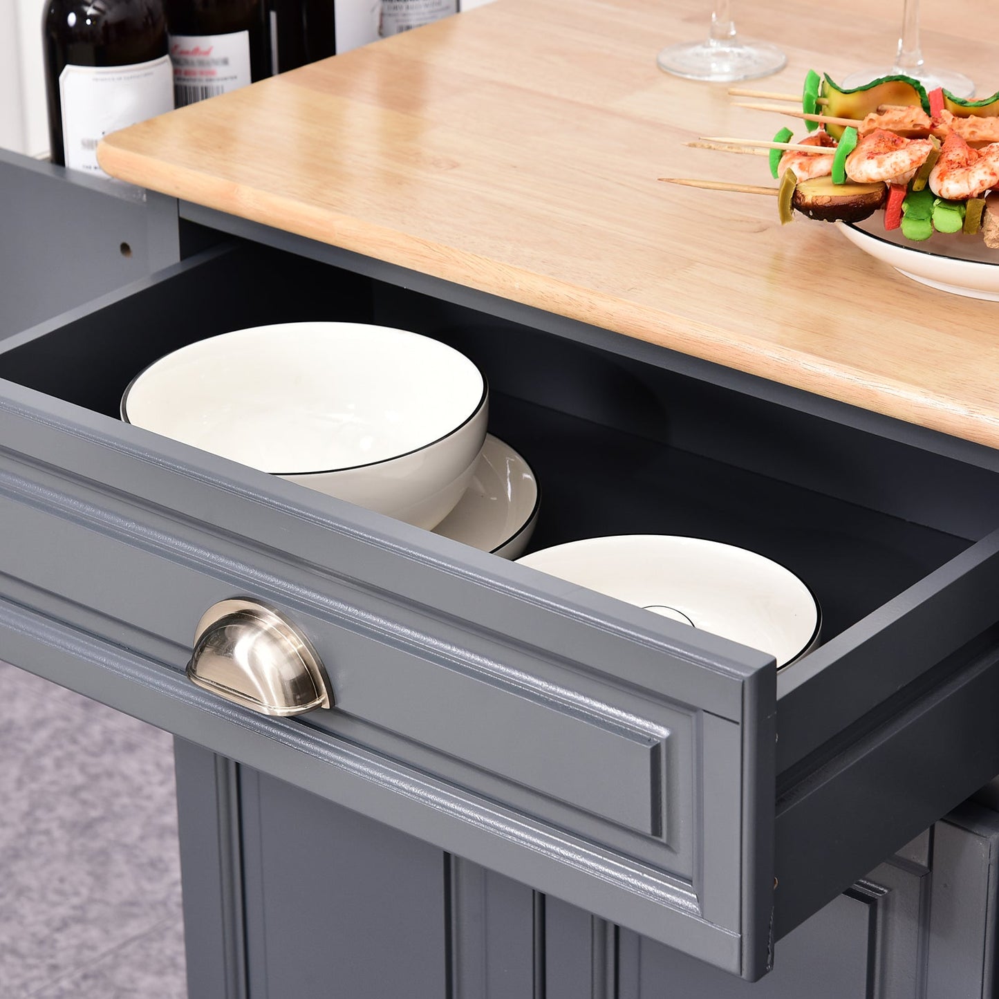 Rolling Kitchen Island on Wheels Utility Cart with Drop-Leaf and Rubber Wood Countertop, Storage Drawers, Door Cabinets, Grey at Gallery Canada