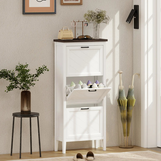 Shoe Cabinet with 3 Flip Drawers, Farmhouse Narrow Shoe Storage Cabinet with Adjustable Shelves, White Shoe Storage Cabinets & Racks White, Brown, Black at Gallery Canada
