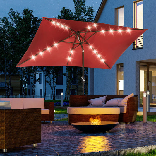 6.5x10ft Rectangle Solar Patio Umbrella, Tilt Aluminum, LED, Wine Red Sun Umbrellas Wine Red (polyester fabric), Dark Brown (umbrella pole) at Gallery Canada