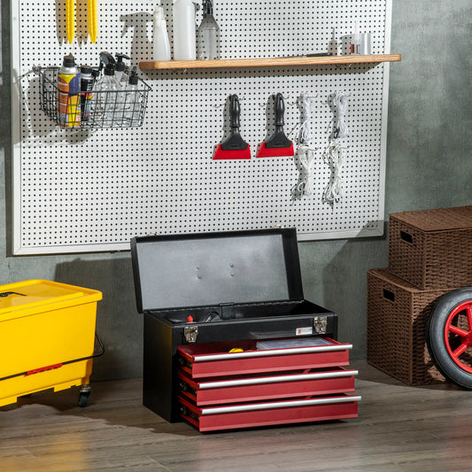 20" Portable Metal Tool Box, 3 Drawer Lockable Chest, Red Tool Organizers Black, Red at Gallery Canada