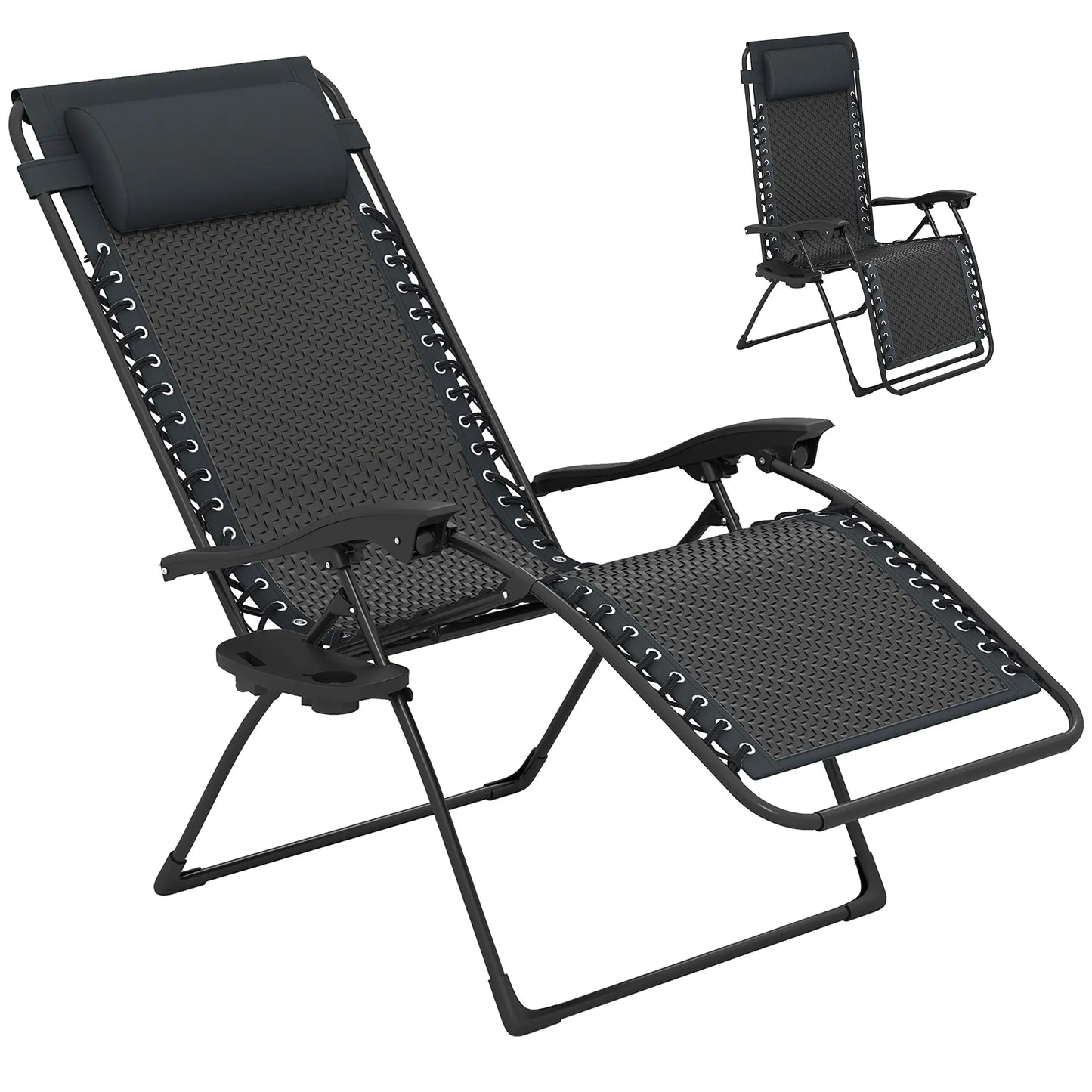 Wicker Folding Lounge Chair, Adjustable Backrest, Rattan Recliner with Headrest, Side Table Tray, Black Lounger Chairs at Gallery Canada