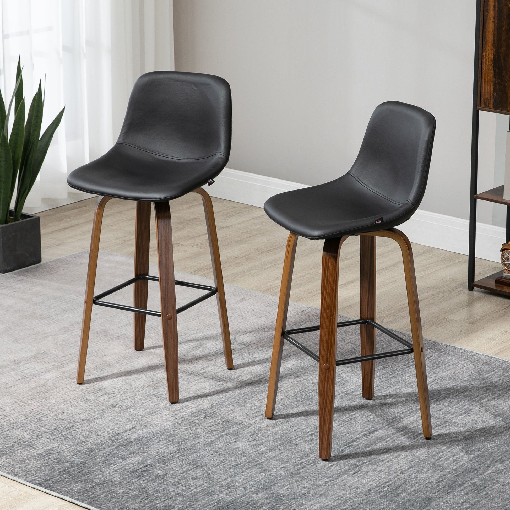 Bar Height Bar Stools Set of 2, Mid-Back Bar Chairs with PU Leather Upholstery and Solid Wood Legs for Kitchen, Black at Gallery Canada