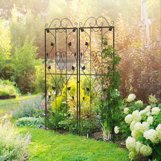 Metal Trellis Set of 2, Garden Climbing Plant Support, Leaf Design Plant Stands Black at Gallery Canada