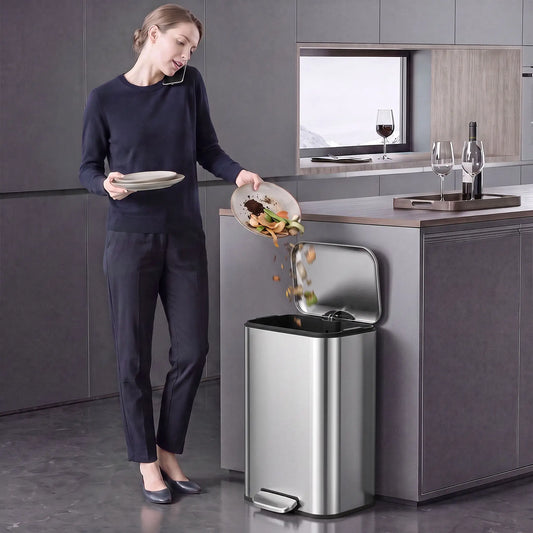 13.2 Gallon Slim Stainless Steel Trash Can, Silver, Silver Kitchen Trash Cans Silver at Gallery Canada