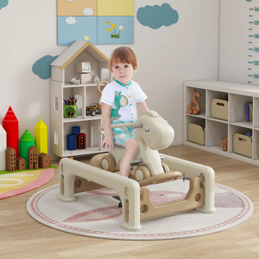 5 in 1 Rocking Horse for Toddlers, Balance Board, Push Handle, 4 Wheels Rocking Horses Cream White, Kahaki at Gallery Canada