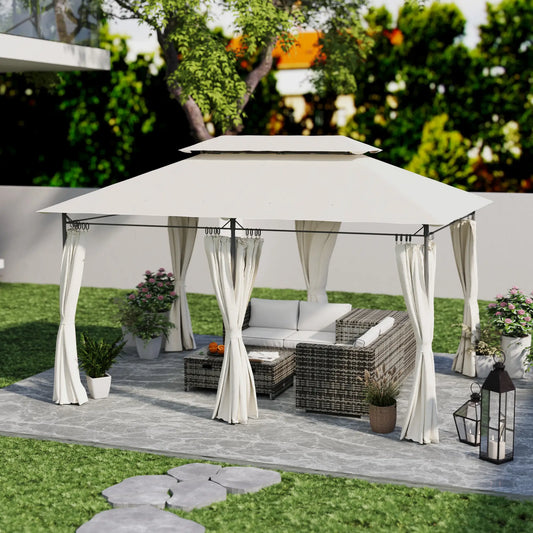 10' x 13' Double Roof Patio Gazebo, Outdoor with Curtains, Cream White Gazebos Cream at Gallery Canada