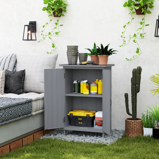 Outdoor Wooden Storage Cabinet, 2-Tier Shelves, Metal Tabletop, Grey Sheds Grey at Gallery Canada