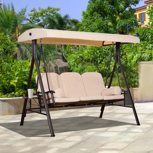 3 Seater Heavy Duty Swing Chair, Outdoor Lounge Hammock, Cushioned Seat With Tilt Canopy, Beige
