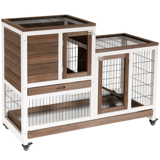 Rabbit Hutch Indoor Bunny Cage Guinea Pig House on Wheels with Run, Pull Out Trays, Brown and White - Gallery Canada