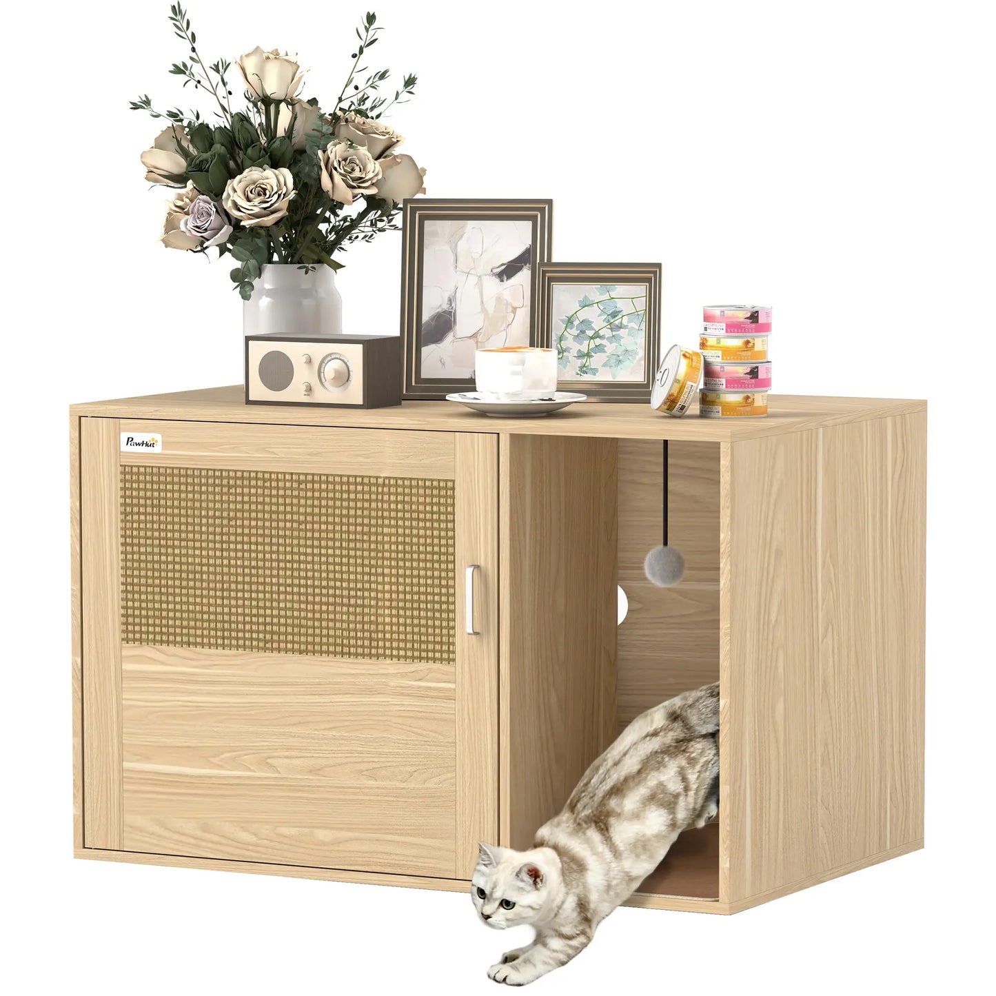 Cat Litter Box Enclosure, End Side Table, Rattan Door, Scratching Pad, Oak Cat Litter Box Enclosures at Gallery Canada