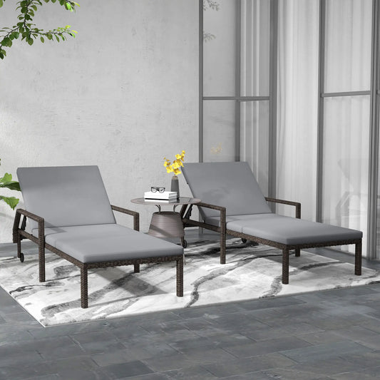 2 Piece Wicker Chaise Lounger, PE Rattan Outdoor Chair, Adjustable Backrest, 2 Wheels, Grey Chaise Loungers Grey at Gallery Canada