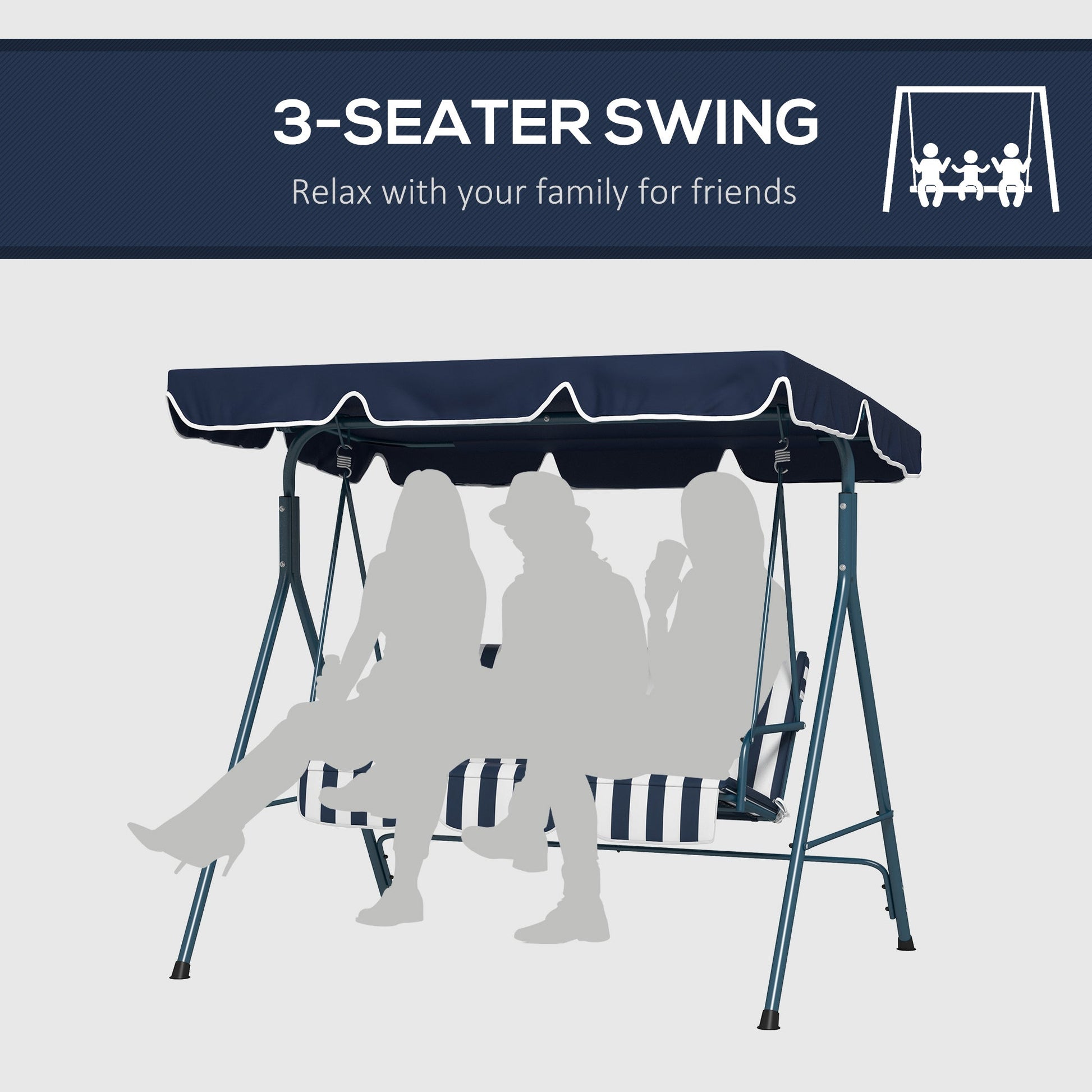 3-Seater Outdoor Porch Swing with Adjustable Canopy, Patio Swing Chair for Garden, Poolside, Backyard, Blue and White at Gallery Canada
