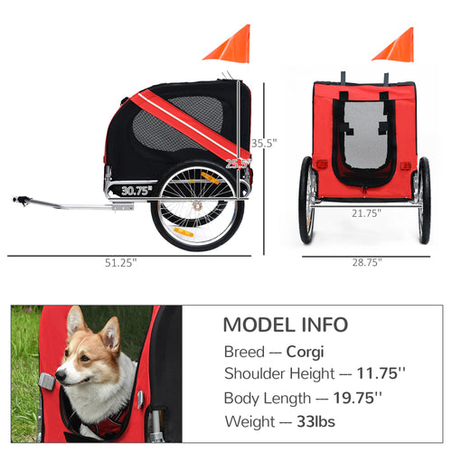 Dog Bike Trailer Pet Cart Bicycle Wagon Cargo Carrier Attachment for Travel Foldable - Red/ Black