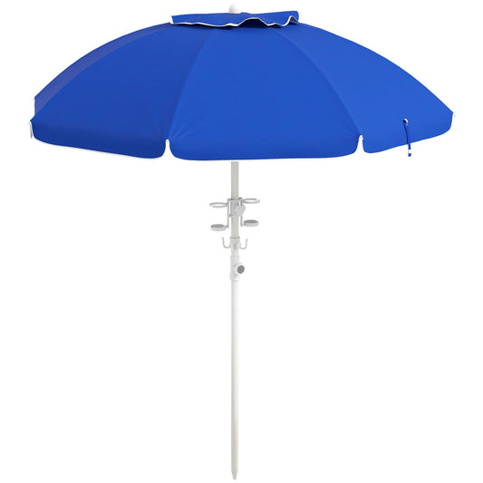 5.7' Beach Umbrella for Travel with Tilt, Adjustable Height, 2 Cup Holders, Hook, Vent, Ruffles, Sapphire Blue - Gallery Canada