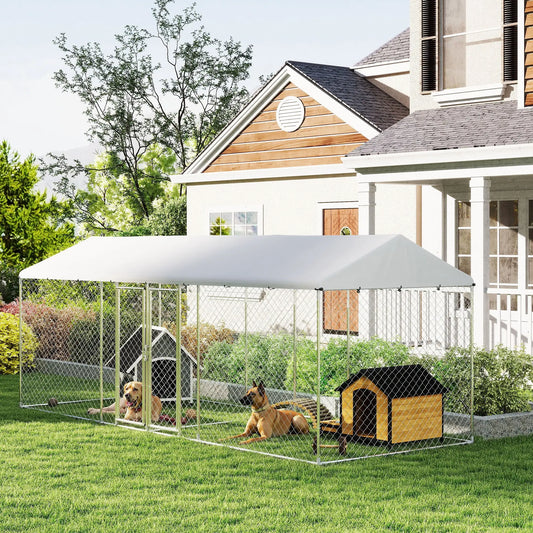 Outdoor Dog Kennel, Waterproof UV Cover, Escape-Proof Lock, 19.7' x 7.5' x 7.5' Houses, Kennels & Pens Silver at Gallery Canada