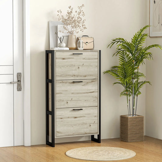 Shoe Cabinet, 3 Flip Drawer, Narrow for 15 Pairs, Walnut Shoe Storage Cabinets & Racks Walnut, Black at Gallery Canada