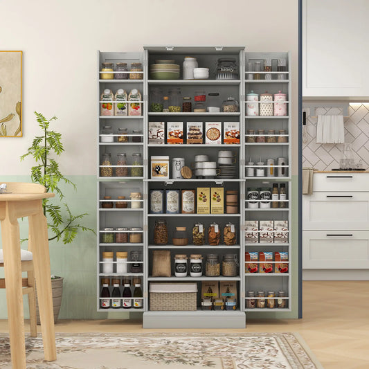 65" Kitchen Pantry Cabinet, 4 Doors, 16 Shelves, Grey Kitchen Pantry Cabinets Grey at Gallery Canada