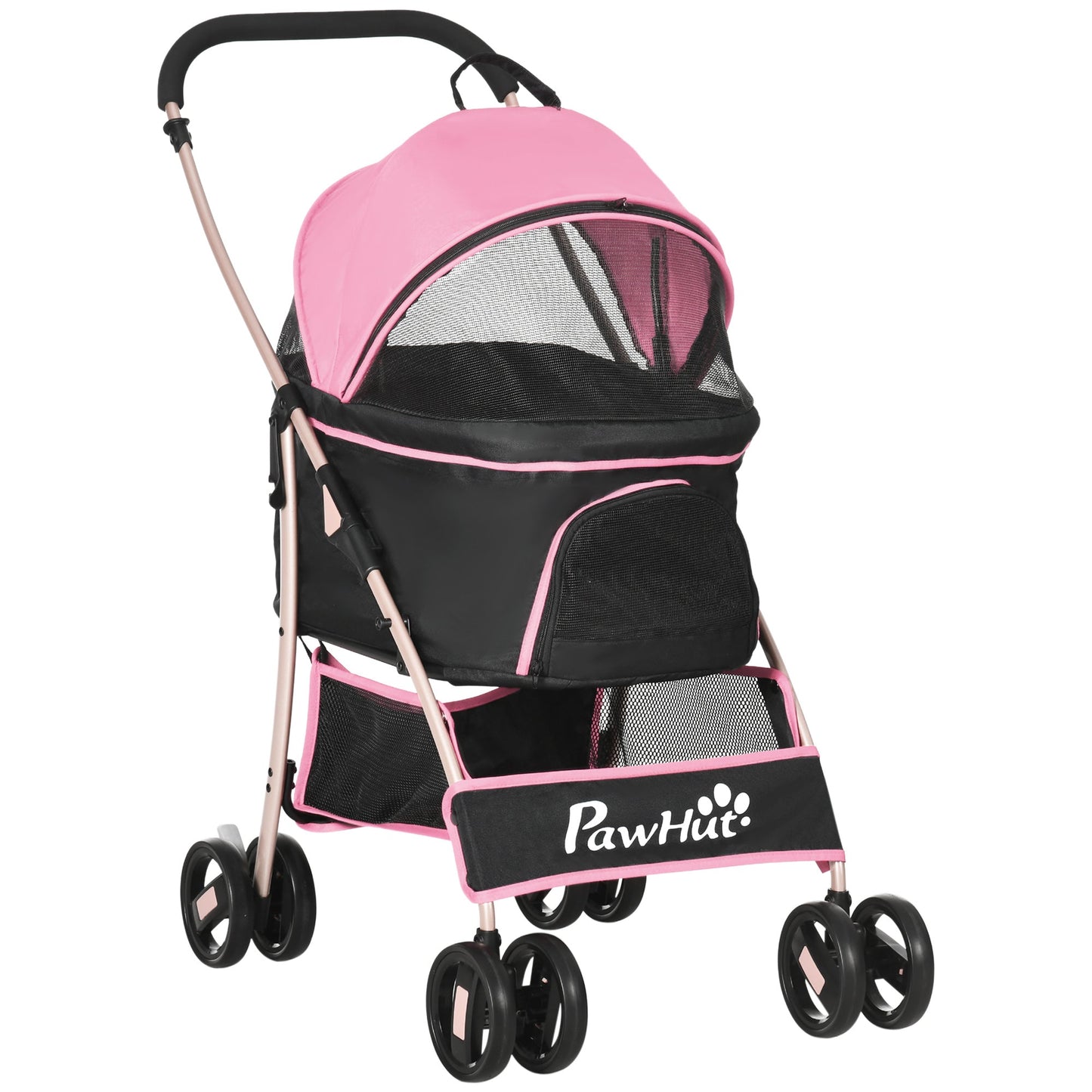 4 Wheels Pet Stroller, 3 in 1 Dog Cat Travel Folding Carrier, for Small Dogs, Detachable, w/ Brake, Canopy, Basket, Storage Bag - Pink at Gallery Canada