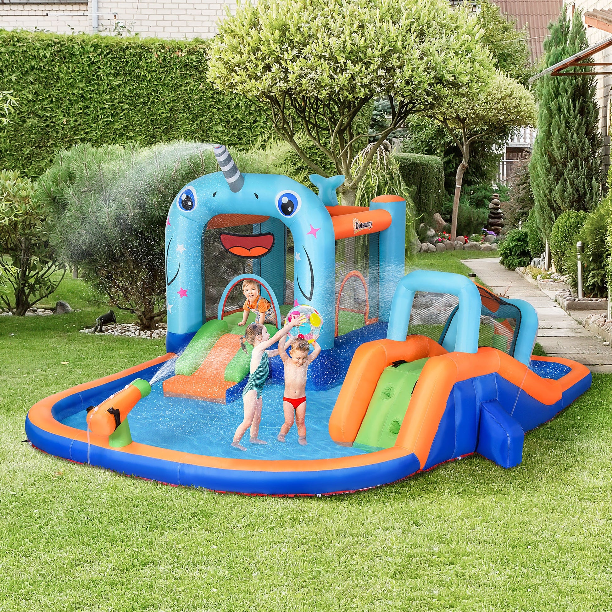 5-in-1 Inflatable Water Slide, Narwhals Style Kids Castle Bounce House Includes with Slide Trampoline Pool Water Gun Climbing Wall, Carry Bag, 450W Air Blower at Gallery Canada