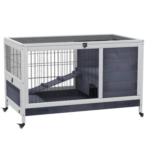 Wooden Indoor Rabbit Hutch Elevated Cage Habitat with Enclosed Run with Wheels, Ideal for Rabbits and Guinea Pigs, White