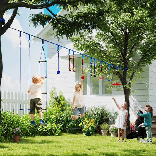 32.8' Kids Ninja Warrior Course, Swing, Monkey Bars, Ladder, Gym Rings, Blue Gym Sets & Swings Blue at Gallery Canada