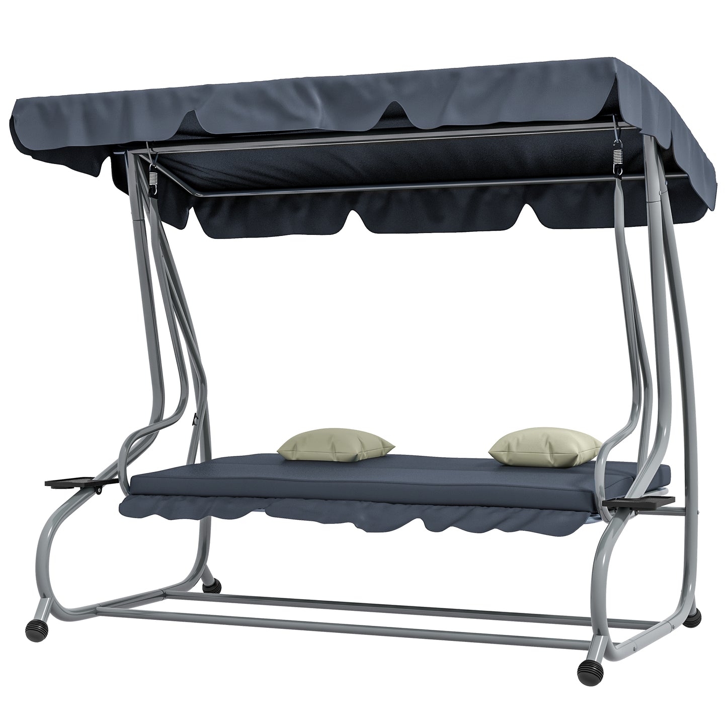 3-Seat Outdoor Patio Swing Canopy Chair, Converting Flat Bed with Adjustable Shade, Cushions, Cup Holder, Dark Grey at Gallery Canada