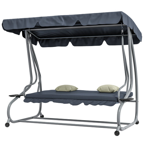 3-Seat Outdoor Patio Swing Canopy Chair, Converting Flat Bed with Adjustable Shade, Cushions, Cup Holder, Dark Grey